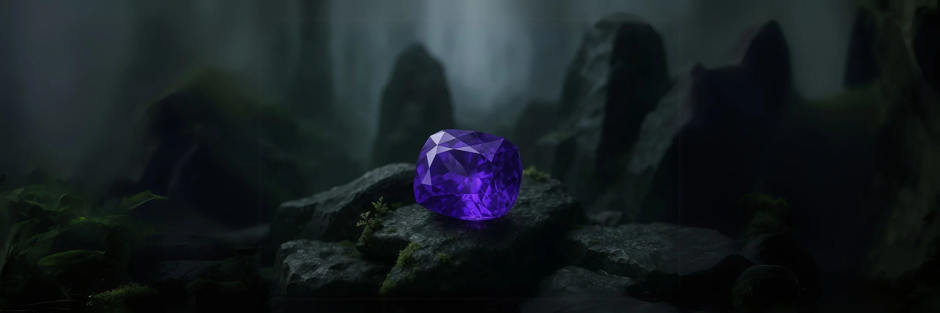 Cavell Natural Tanzanite collection cover image featuring a vivid violet tanzanite gemstone resting on a stone with a misty forest backdrop, symbolizing transformation, intuition, and inner rose quartz balance