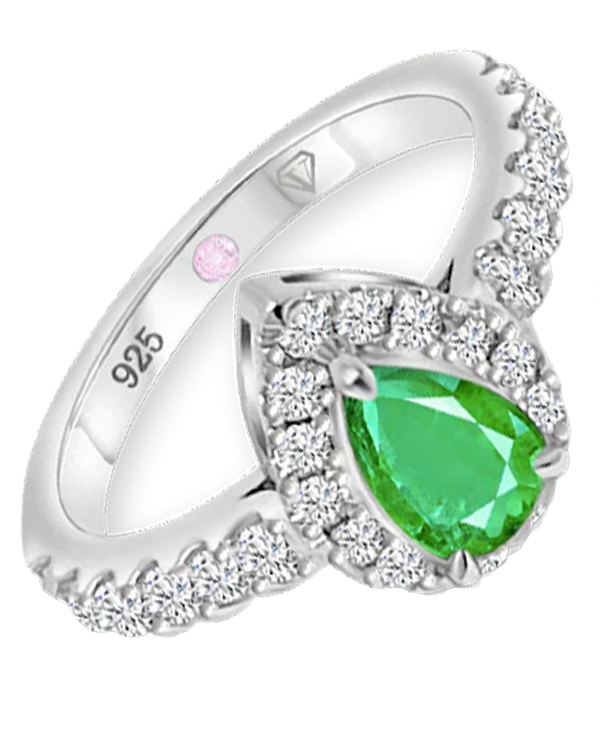 Angled view of Cavell Drop of Passion sterling silver ring featuring a natural emerald gemstone surrounded by round-cut cubic zirconia accents and hidden rose quartz gemstone inside the band