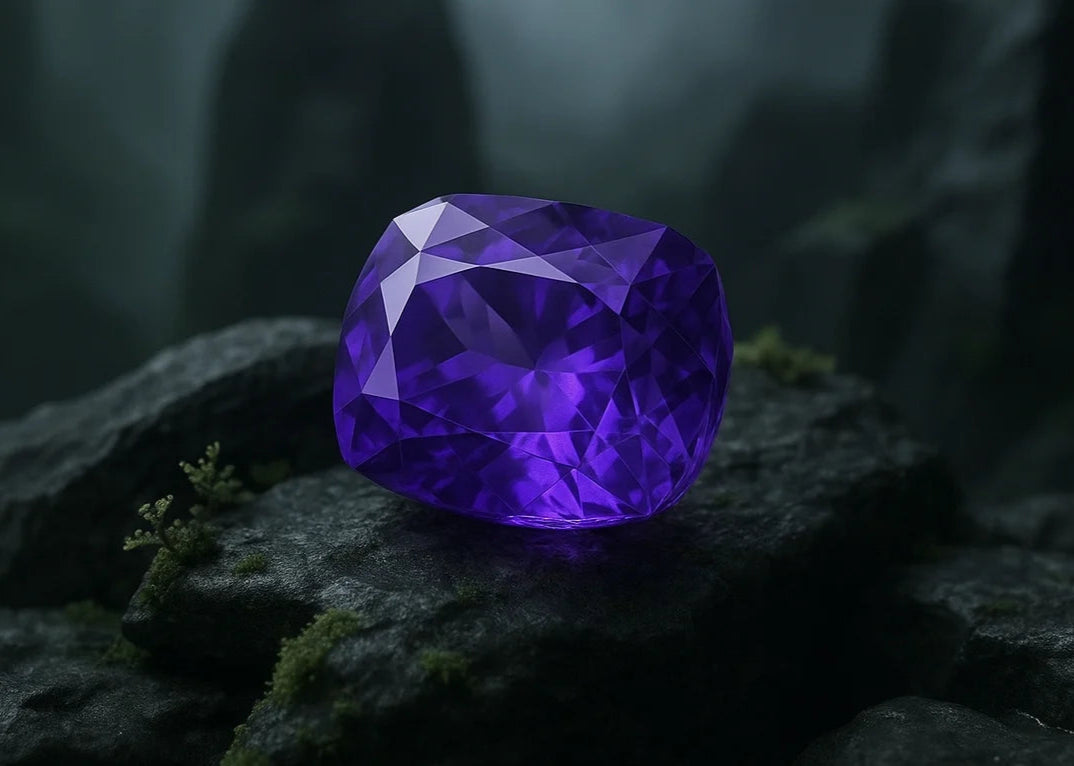 a vivid violet tanzanite gemstone resting on a stone with a misty forest backdrop, symbolizing transformation, intuition, and inner rose quartz balance