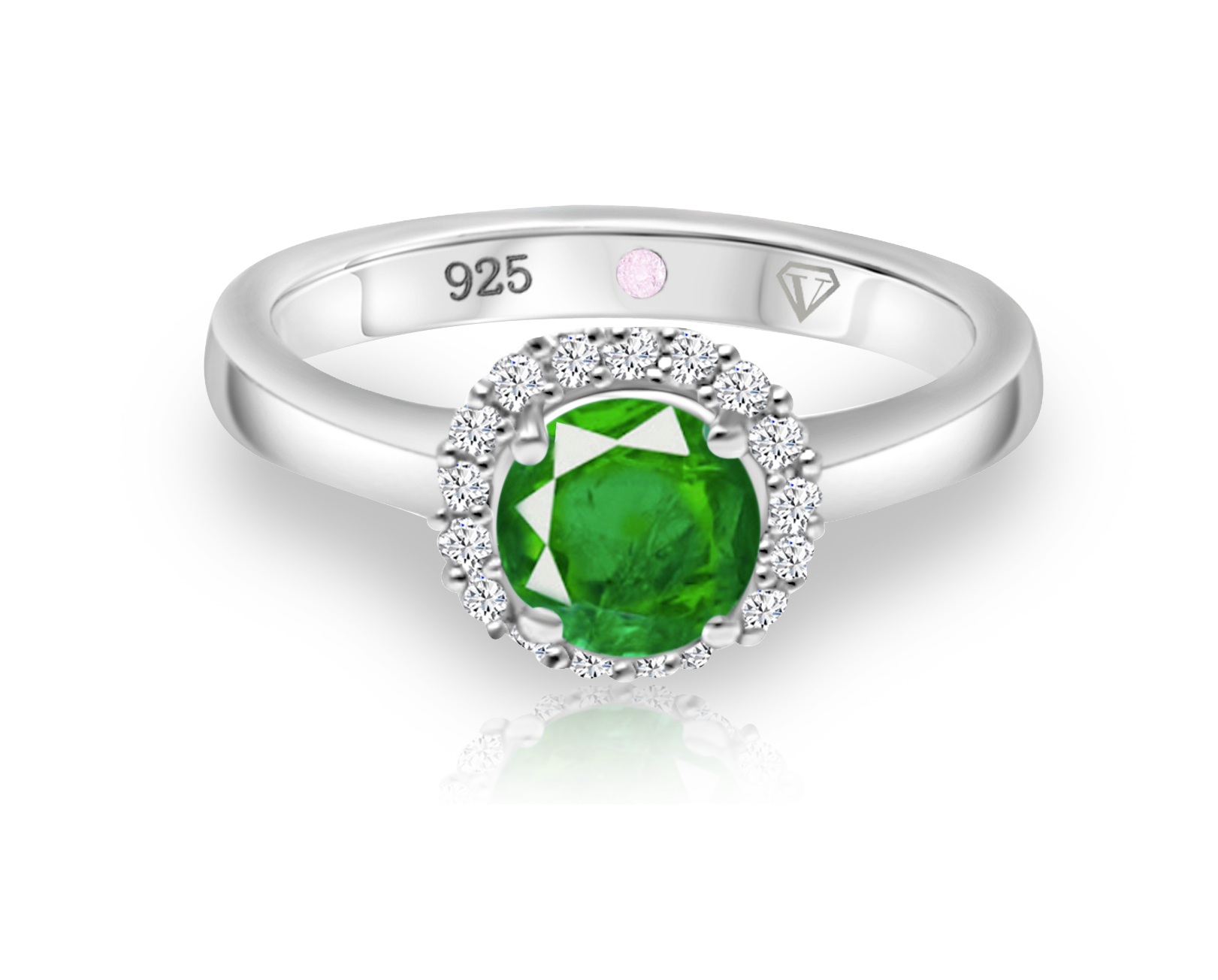 Cavell Eternal Love sterling silver ring featuring a natural emerald gemstone surrounded by round-cut cubic zirconia accents with hidden rose quartz gemstone inside the band