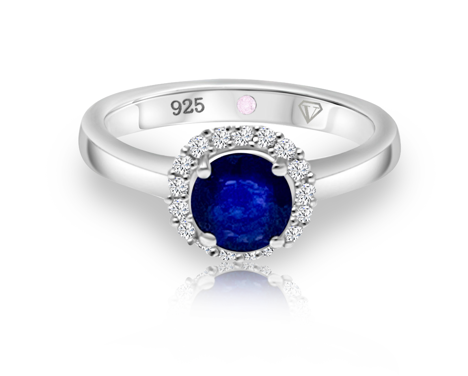 Cavell Eternal Love sterling silver ring featuring a natural sapphire gemstone surrounded by round-cut cubic zirconia accents with hidden rose quartz gemstone inside the band