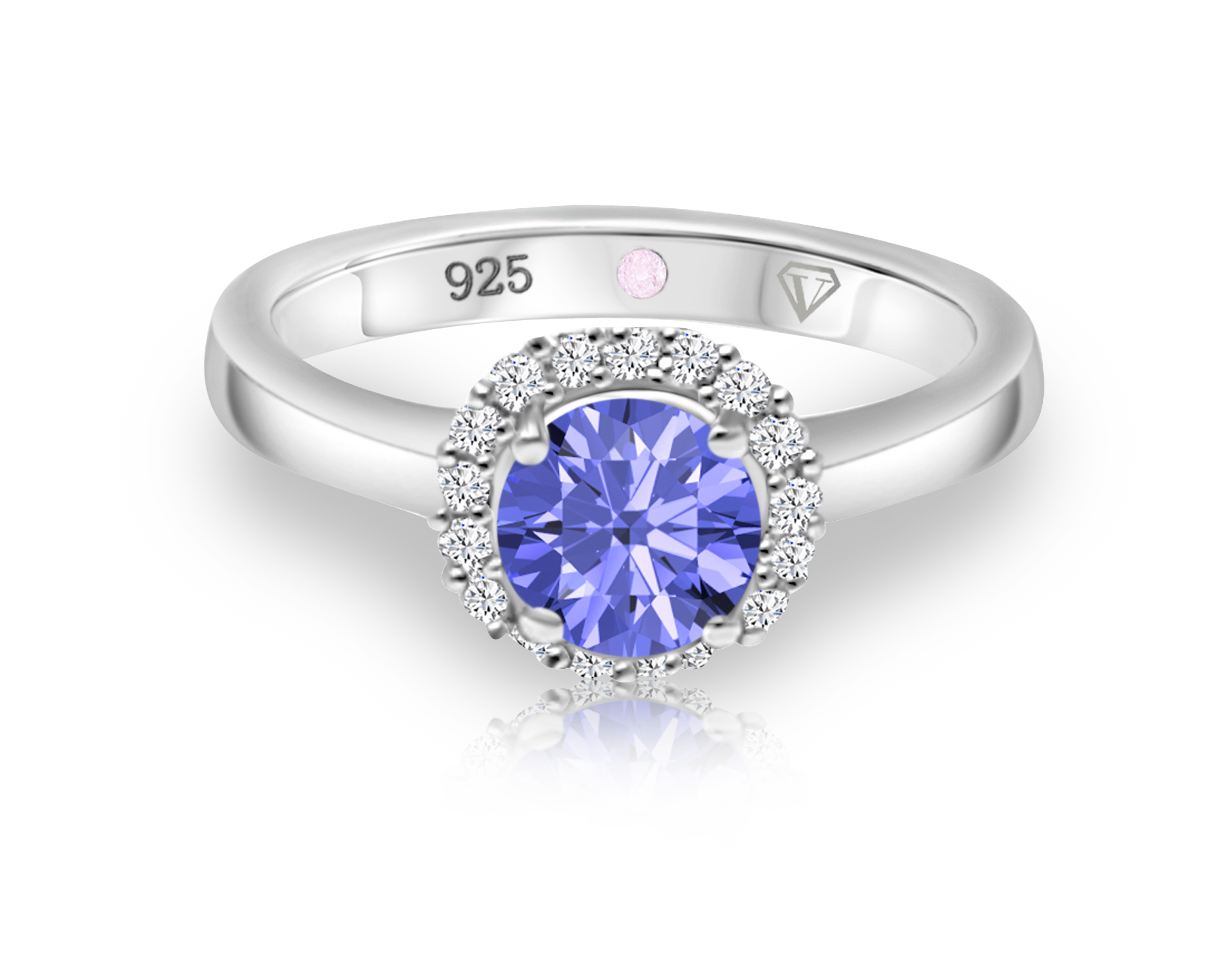 Cavell Eternal Love sterling silver ring featuring a natural tanzanite gemstone surrounded by round-cut cubic zirconia accents with hidden rose quartz gemstone inside the band