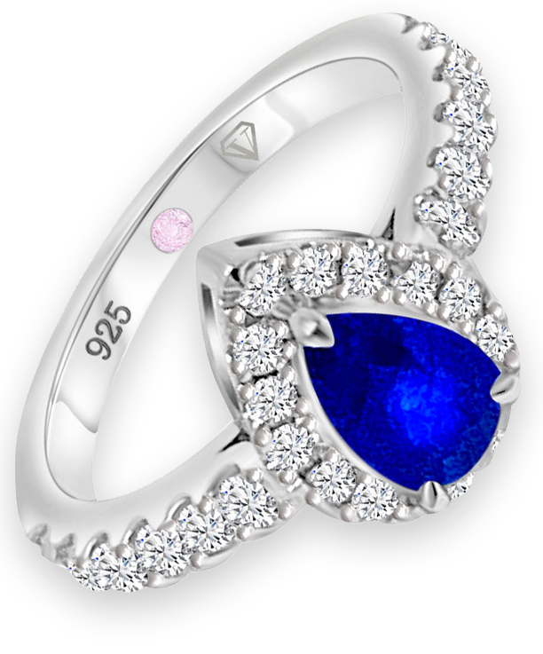 Angled view of Cavell Drop of Passion sterling silver ring featuring a natural sapphire gemstone surrounded by round-cut cubic zirconia accents and hidden rose quartz gemstone inside the band