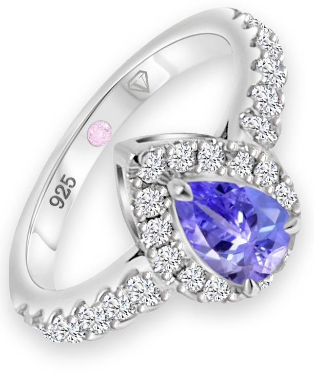 Angled view of Cavell Drop of Passion sterling silver ring featuring a natural tanzanite gemstone surrounded by round-cut cubic zirconia accents and hidden rose quartz gemstone inside the band