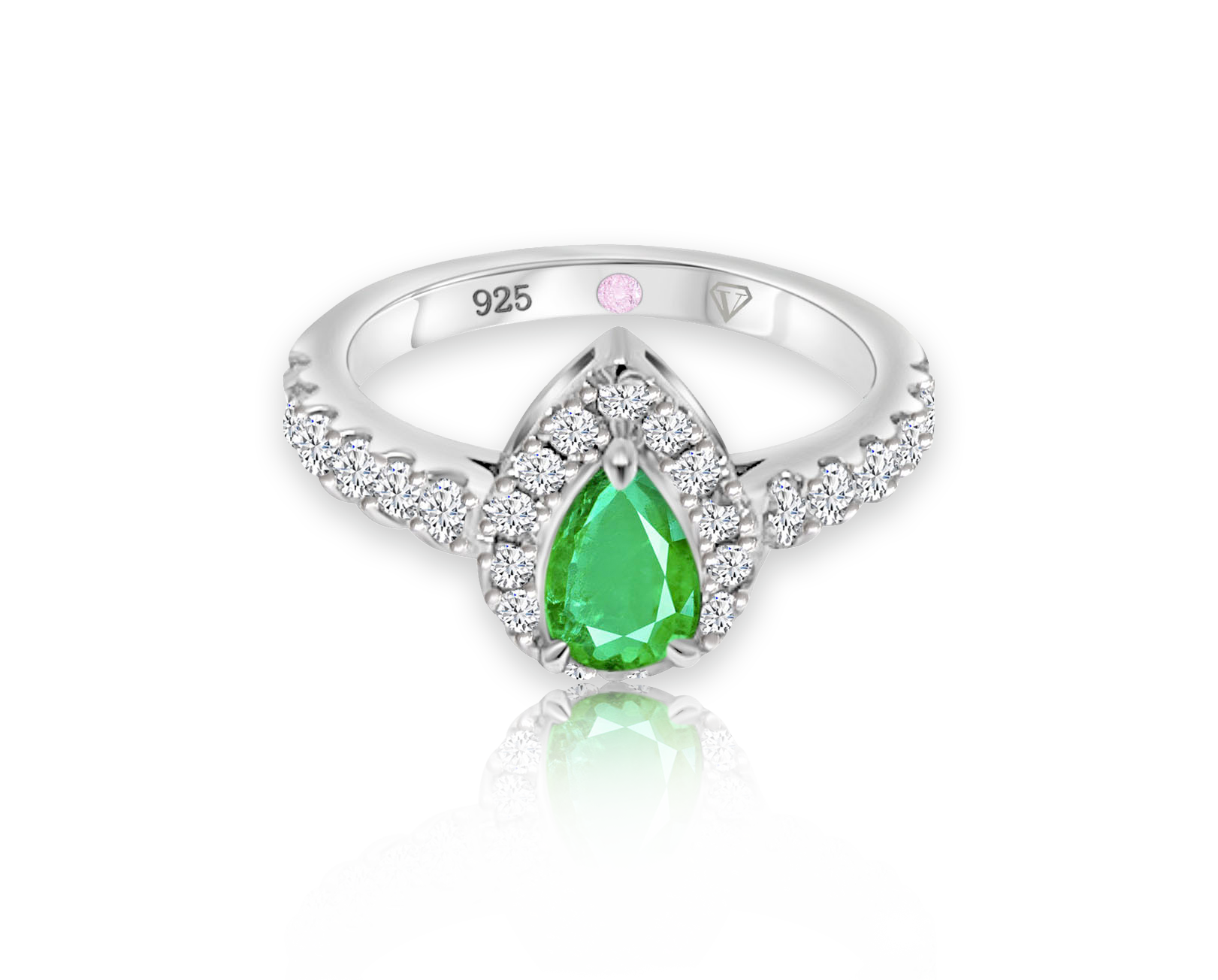 Cavell Drop of Passion sterling silver ring featuring a natural emerald gemstone surrounded by round-cut cubic zirconia accents with hidden rose quartz gemstone inside the band