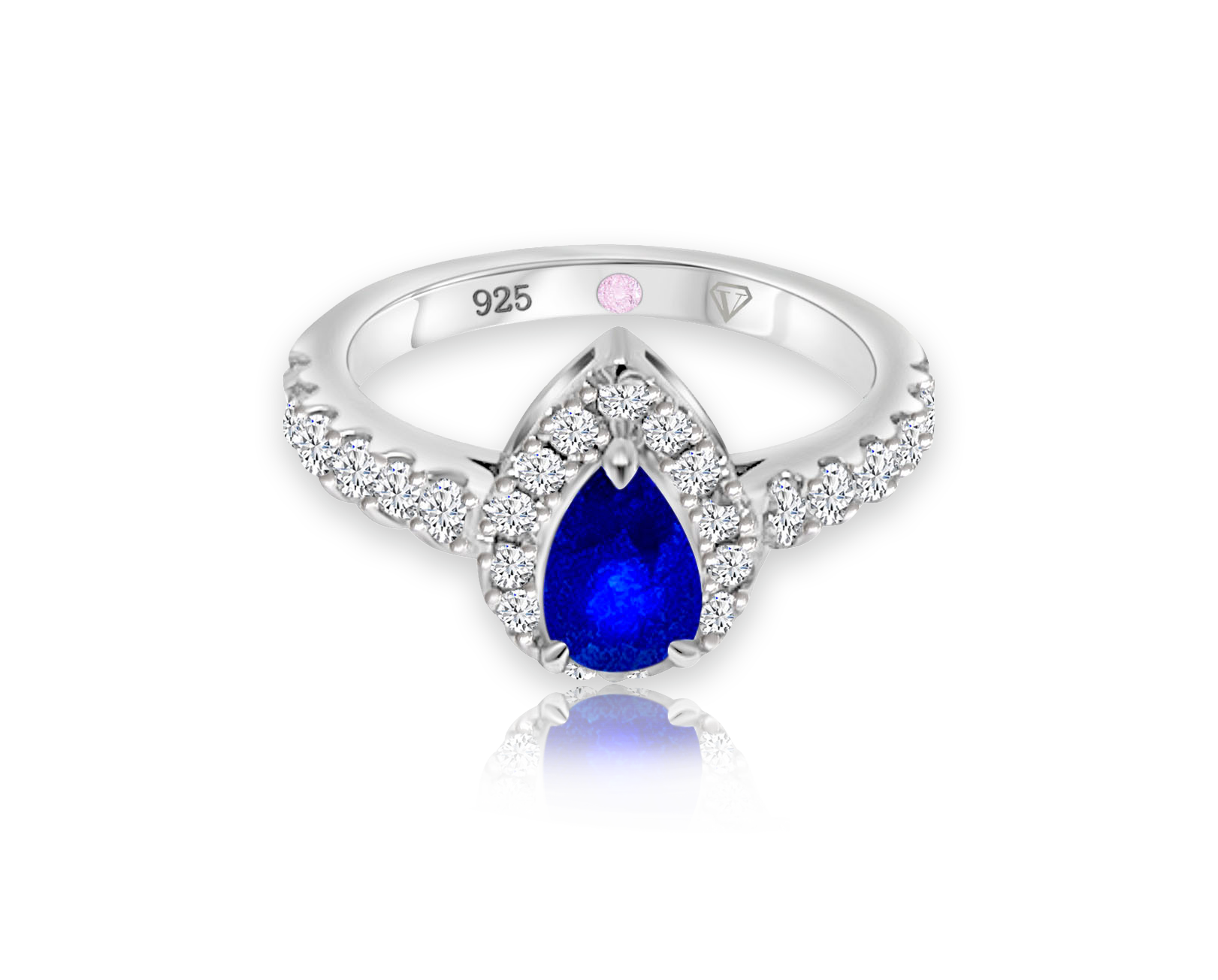 Cavell Drop of Passion sterling silver ring featuring a natural sapphire gemstone surrounded by round-cut cubic zirconia accents with hidden rose quartz gemstone inside the band