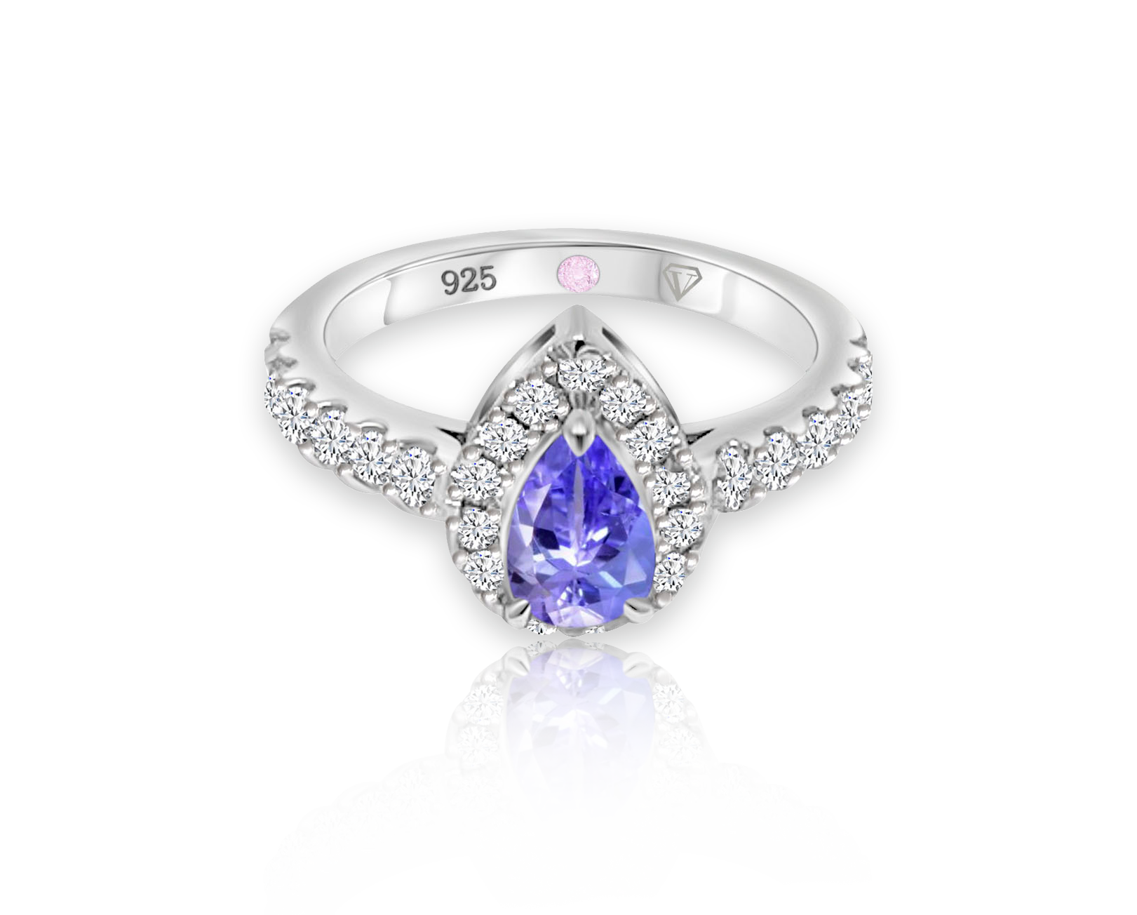 Cavell Drop of Passion sterling silver ring featuring a natural tanzanite gemstone surrounded by round-cut cubic zirconia accents with hidden rose quartz gemstone inside the band