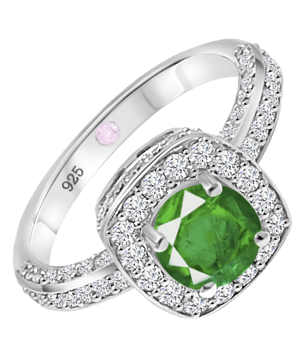 Angled view of Cavell Everlasting Devotion sterling silver ring featuring a natural emerald gemstone surrounded by round-cut cubic zirconia accents and hidden rose quartz gemstone inside the band