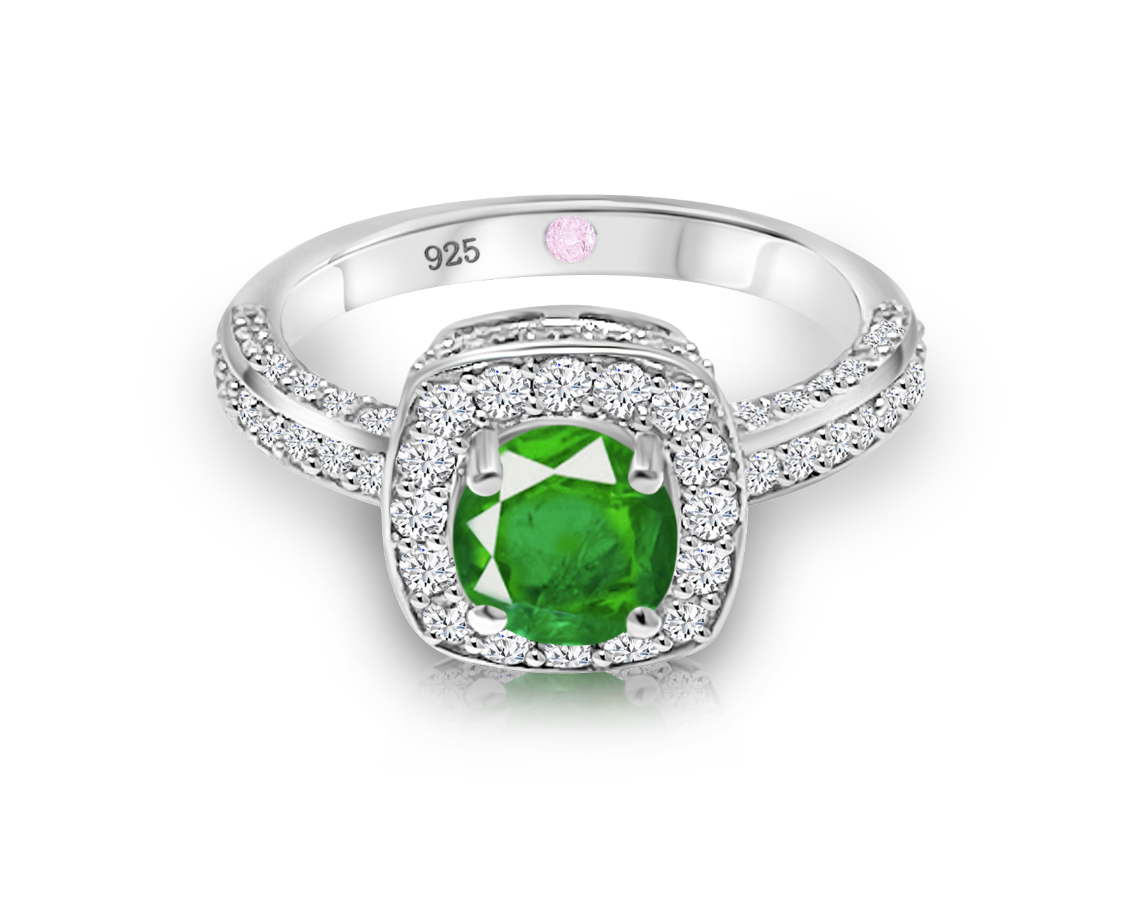 Cavell Everlasting Devotion sterling silver ring featuring a natural emerald gemstone surrounded by round-cut cubic zirconia accents with hidden rose quartz gemstone inside the band