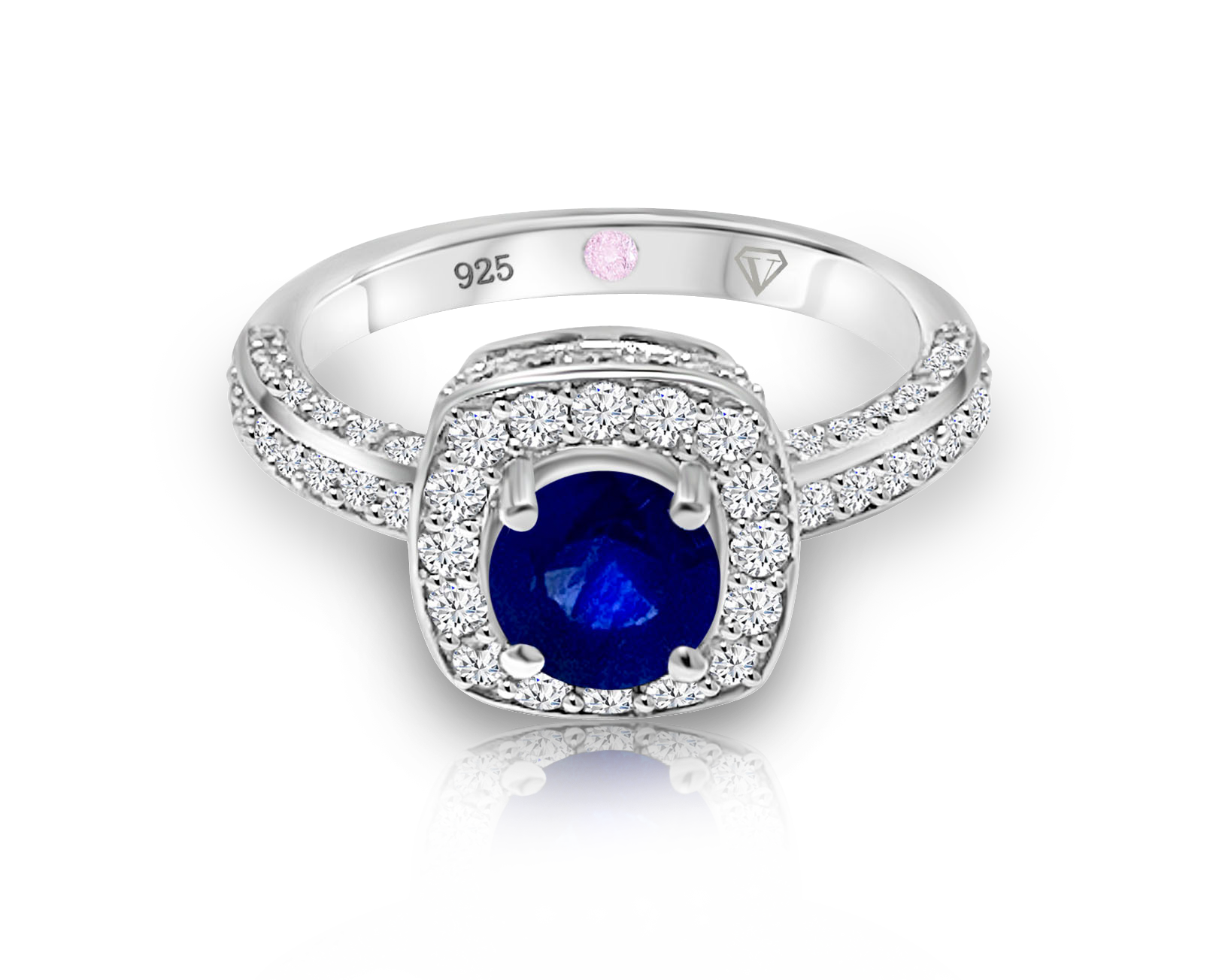 Cavell Everlasting Devotion sterling silver ring featuring a natural sapphire gemstone surrounded by round-cut cubic zirconia accents with hidden rose quartz gemstone inside the band