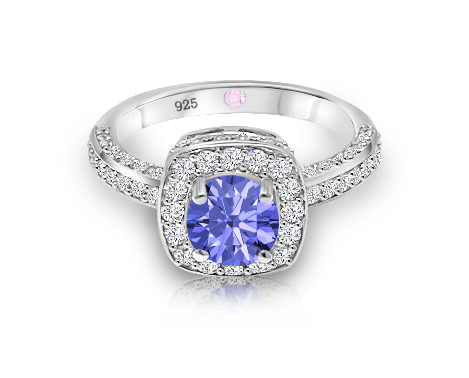 Cavell Everlasting Devotion sterling silver ring featuring a natural tanzanite gemstone surrounded by round-cut cubic zirconia accents with hidden rose quartz gemstone inside the band