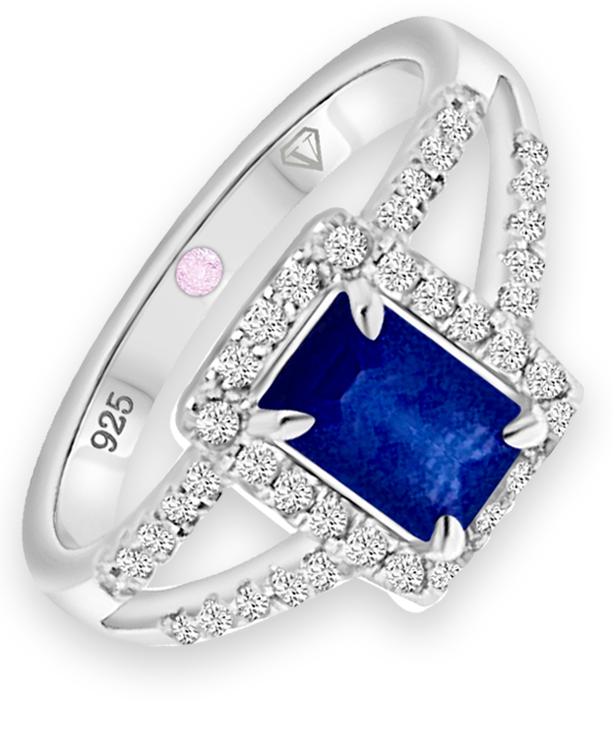 Angled view of Cavell Classic Allure sterling silver ring featuring a natural sapphire gemstone surrounded by round-cut cubic zirconia accents and hidden rose quartz gemstone inside the band