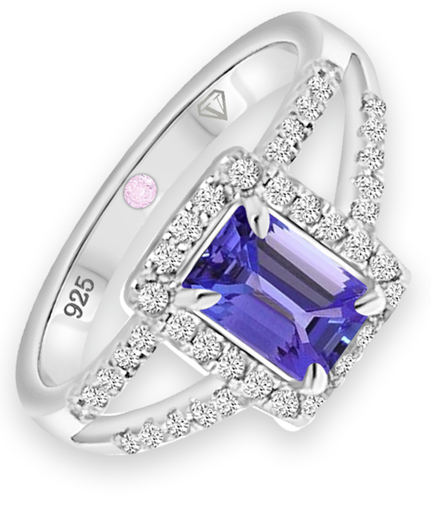Angled view of Cavell Classic Allure sterling silver ring featuring a natural tanzanite gemstone surrounded by round-cut cubic zirconia accents and hidden rose quartz gemstone inside the band