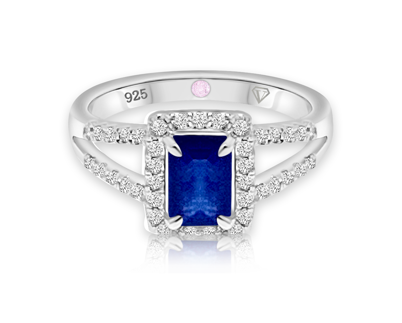 Cavell Classic Allure sterling silver ring featuring a natural sapphire gemstone surrounded by round-cut cubic zirconia accents with hidden rose quartz gemstone inside the band