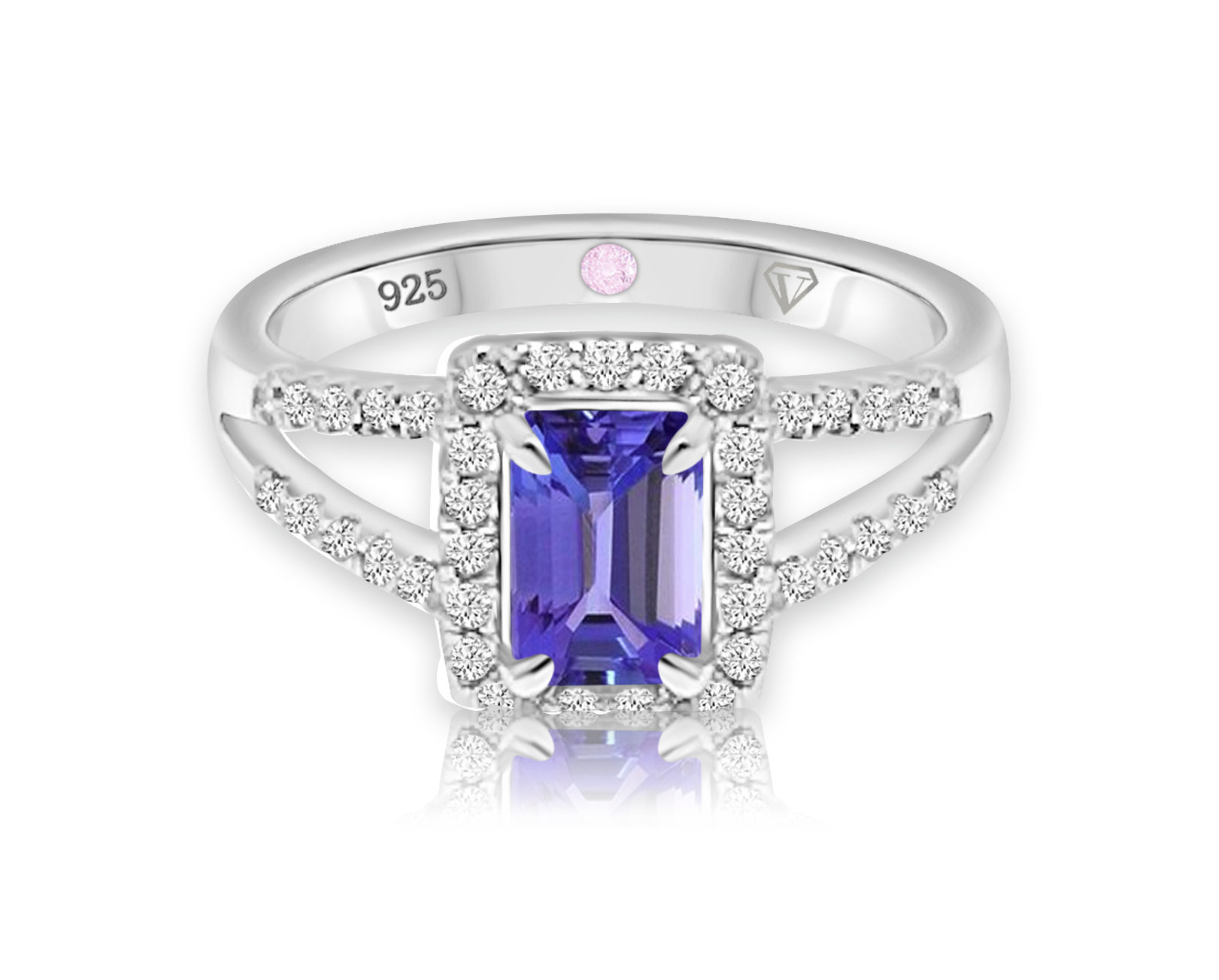 Cavell Classic Allure sterling silver ring featuring a natural tanzanite gemstone surrounded by round-cut cubic zirconia accents with hidden rose quartz gemstone inside the band