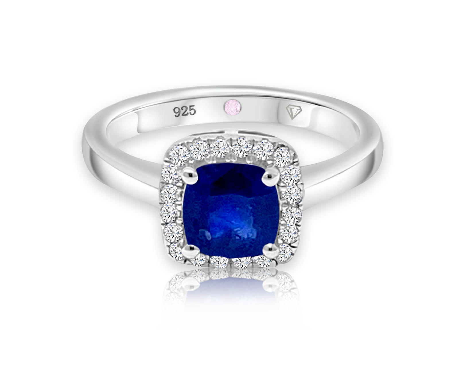 Cavell Touch of Luxury sterling silver ring featuring a natural sapphire gemstone surrounded by round-cut cubic zirconia accents with hidden rose quartz gemstone inside the band