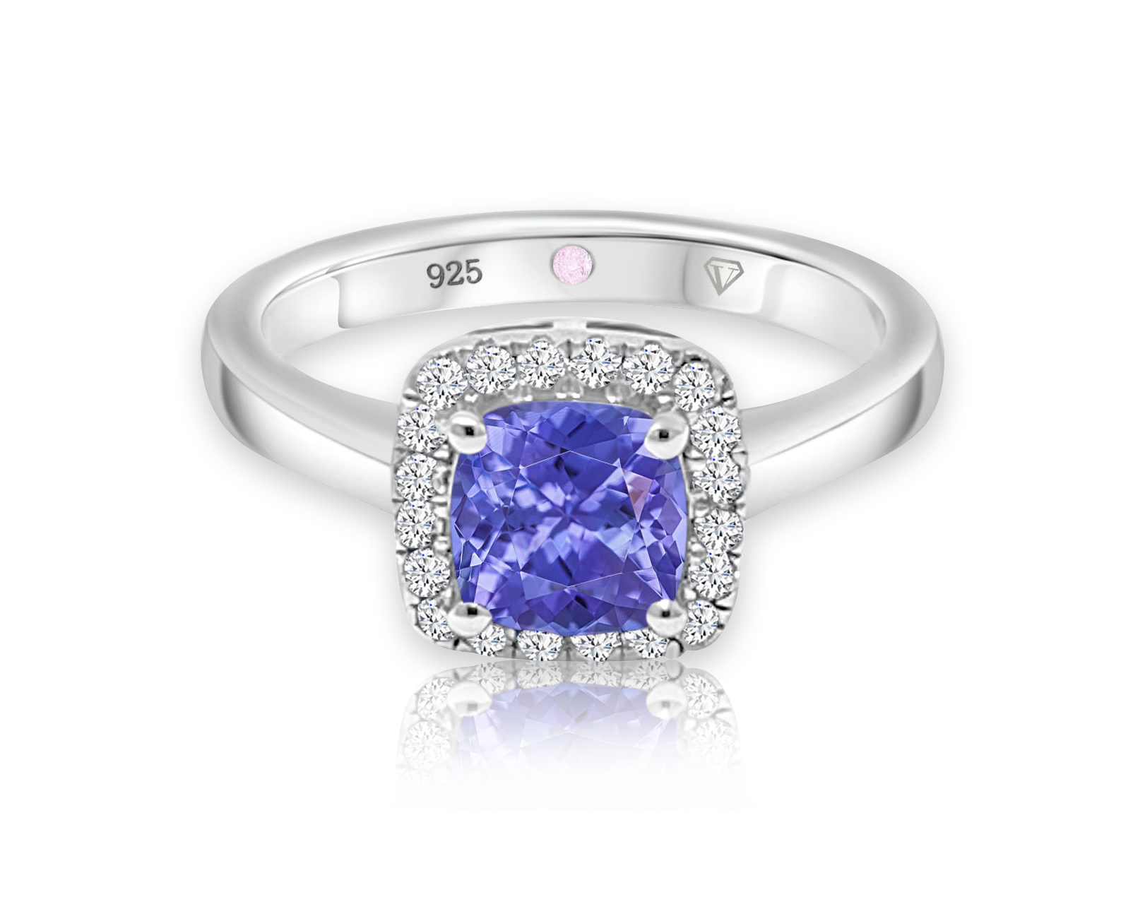 Cavell Touch of Luxury sterling silver ring featuring a natural tanzanite gemstone surrounded by round-cut cubic zirconia accents with hidden rose quartz gemstone inside the band
