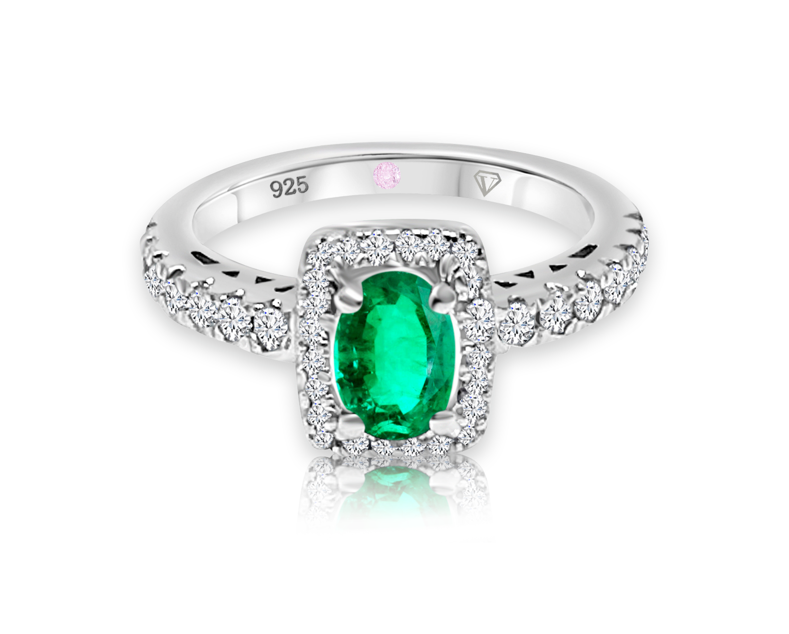 Cavell Feel Timeless sterling silver ring featuring a natural emerald gemstone surrounded by round-cut cubic zirconia accents with hidden rose quartz gemstone inside the band