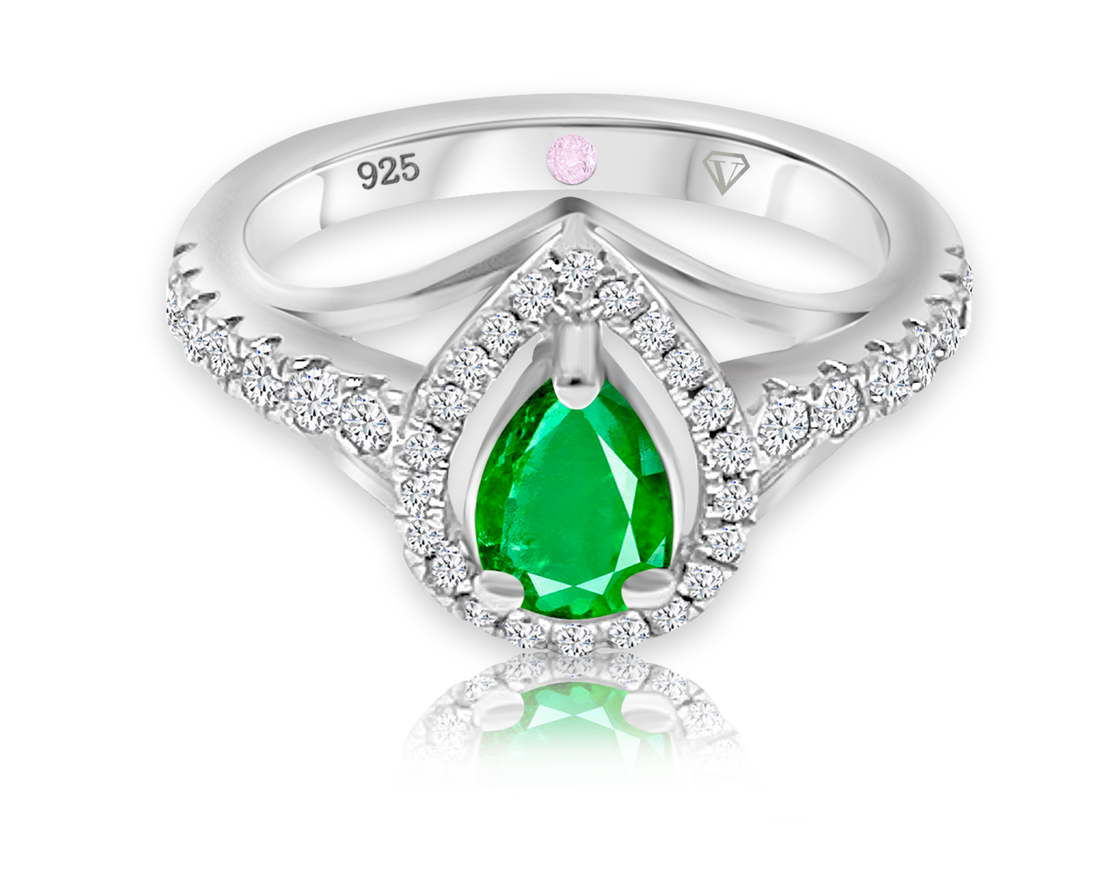 Cavell Tear Drop of Joy sterling silver ring featuring a natural emerald gemstone surrounded by round-cut cubic zirconia accents with hidden rose quartz gemstone inside the band
