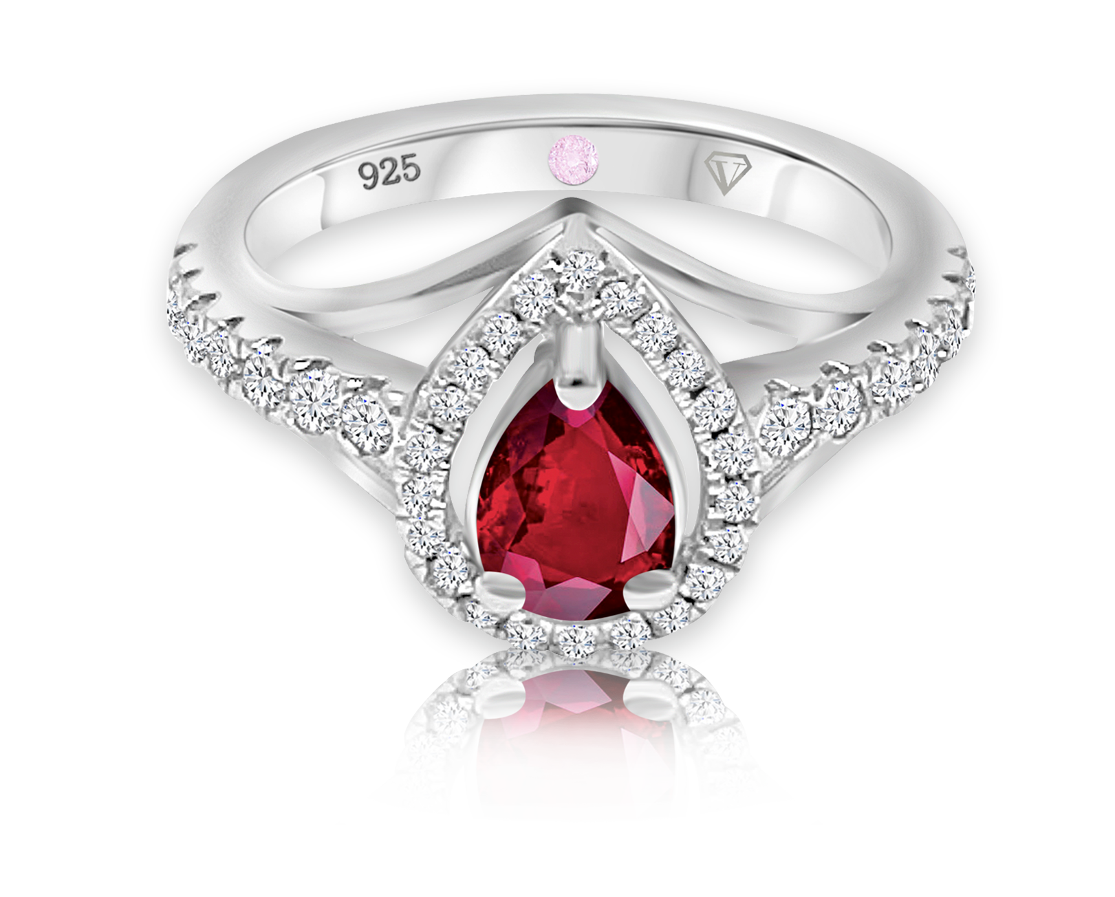 Cavell Tear Drop of Joy sterling silver ring featuring a natural ruby gemstone surrounded by round-cut cubic zirconia accents with hidden rose quartz gemstone inside the band