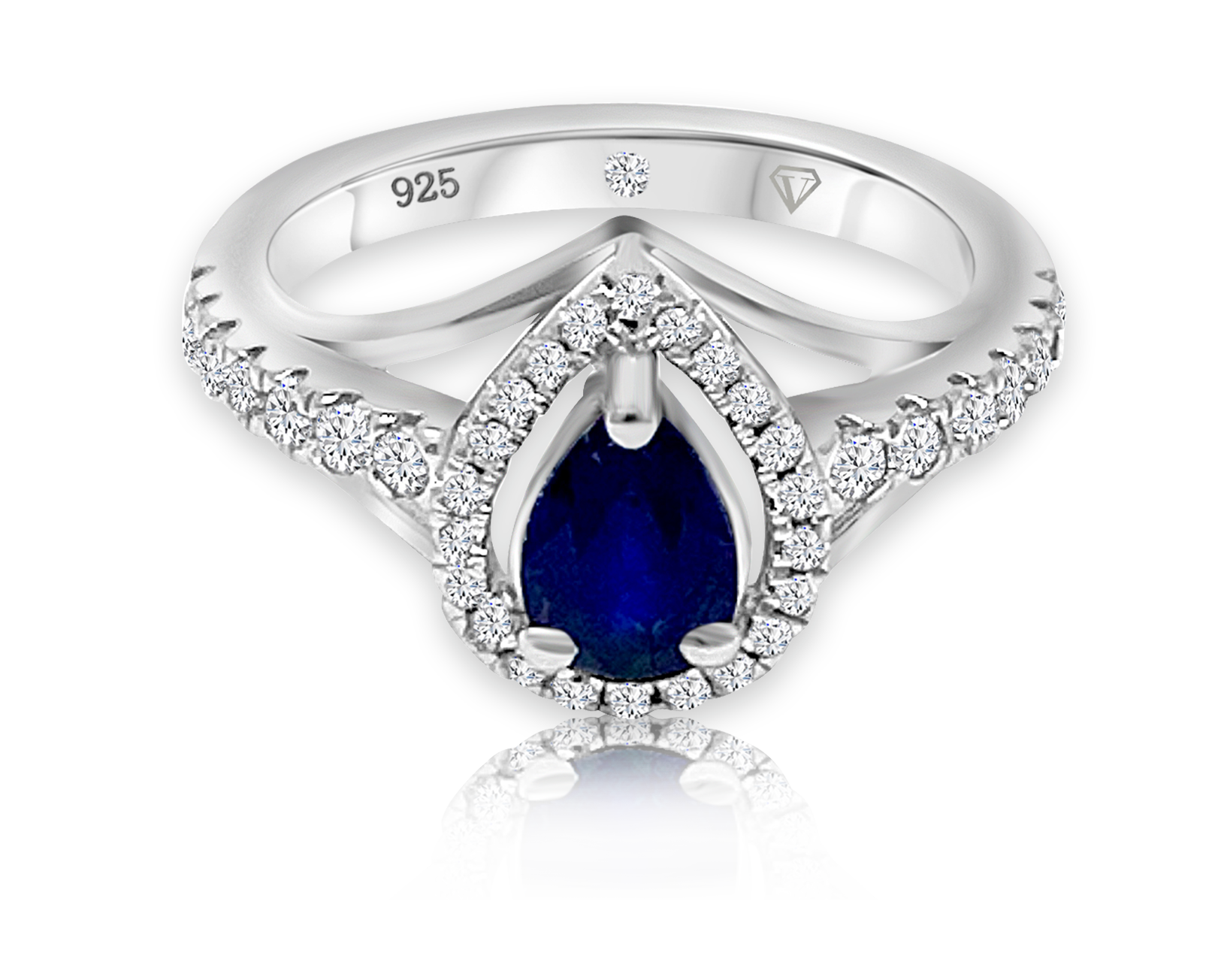 Cavell Tear Drop of Joy sterling silver ring featuring a natural sapphire gemstone surrounded by round-cut cubic zirconia accents with hidden rose quartz gemstone inside the band