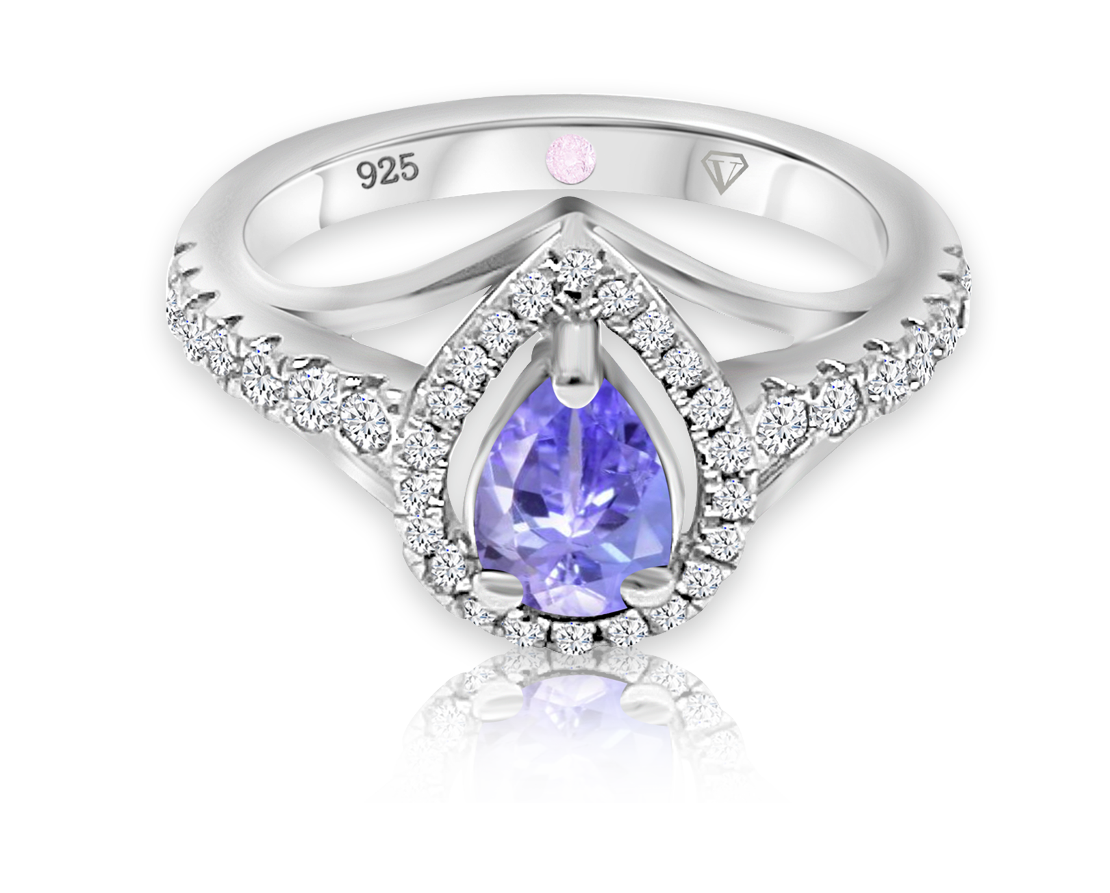 Cavell Tear Drop of Joy sterling silver ring featuring a natural tanzanite gemstone surrounded by round-cut cubic zirconia accents with hidden rose quartz gemstone inside the band