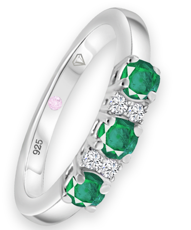 Angled view of Cavell Trilogy of Loyalty sterling silver ring featuring a natural emerald gemstone surrounded by round-cut cubic zirconia accents and hidden rose quartz gemstone inside the band