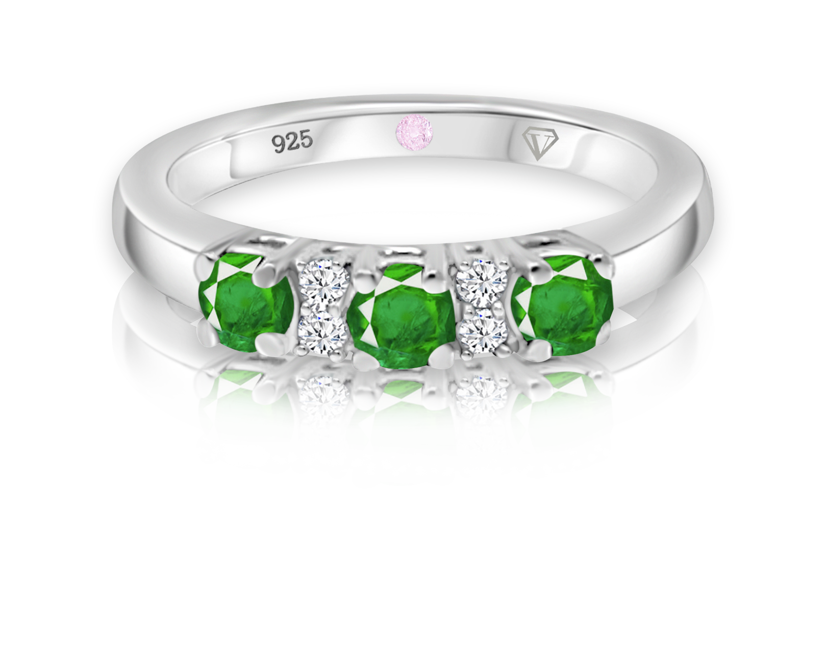 Cavell Trilogy of Loyalty sterling silver ring featuring a natural emerald gemstone surrounded by round-cut cubic zirconia accents with hidden rose quartz gemstone inside the band