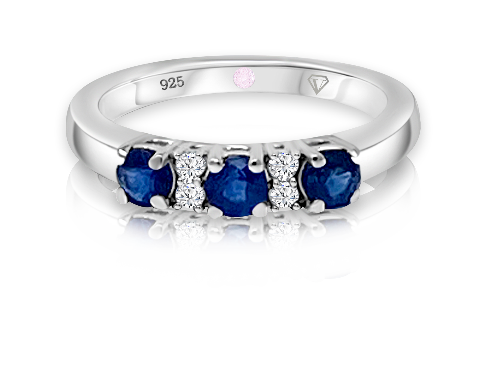 Cavell Trilogy of Loyalty sterling silver ring featuring a natural sapphire gemstone surrounded by round-cut cubic zirconia accents with hidden rose quartz gemstone inside the band