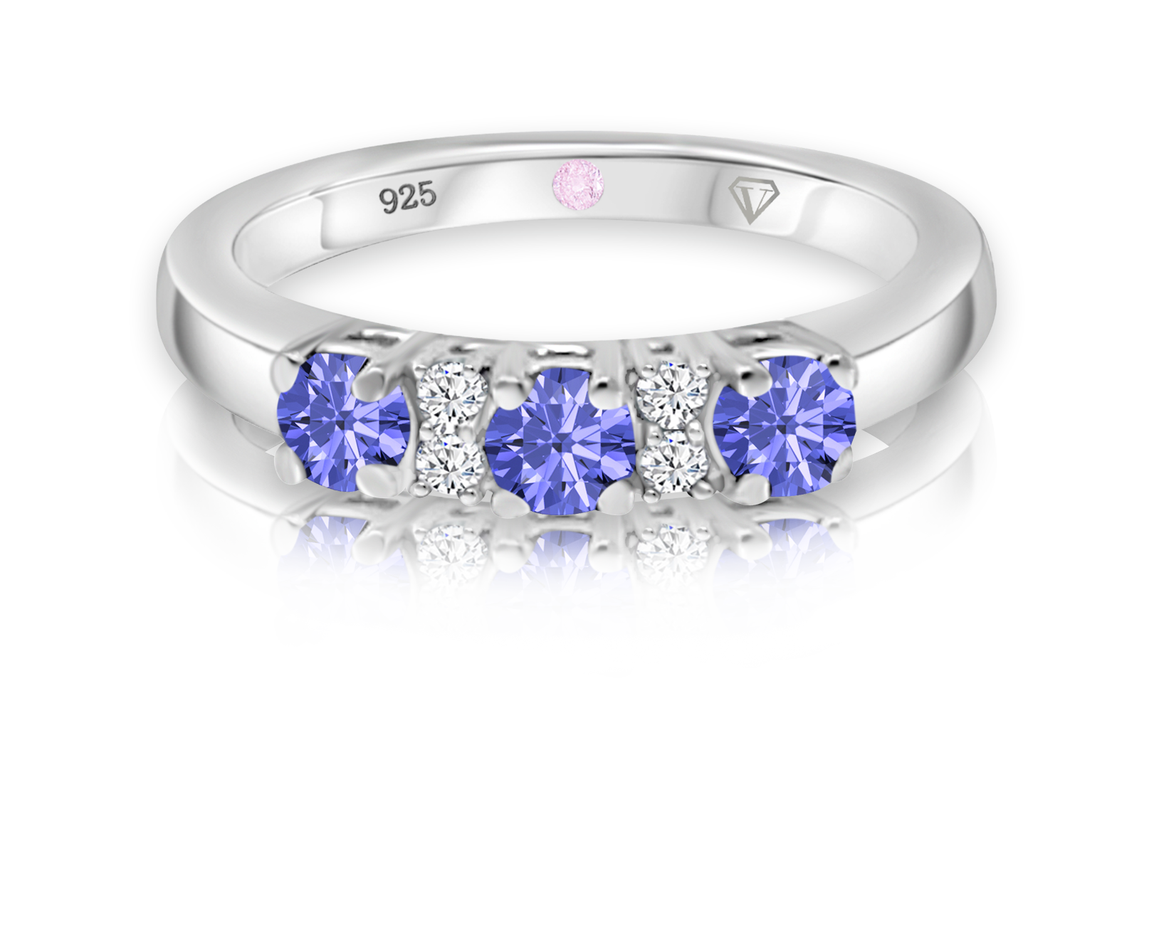 Cavell Trilogy of Loyalty sterling silver ring featuring a natural tanzanite gemstone surrounded by round-cut cubic zirconia accents with hidden rose quartz gemstone inside the band