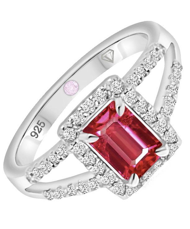 Angled view of Cavell Classic Allure sterling silver ring featuring a natural ruby gemstone surrounded by round-cut cubic zirconia accents and hidden rose quartz gemstone inside the band