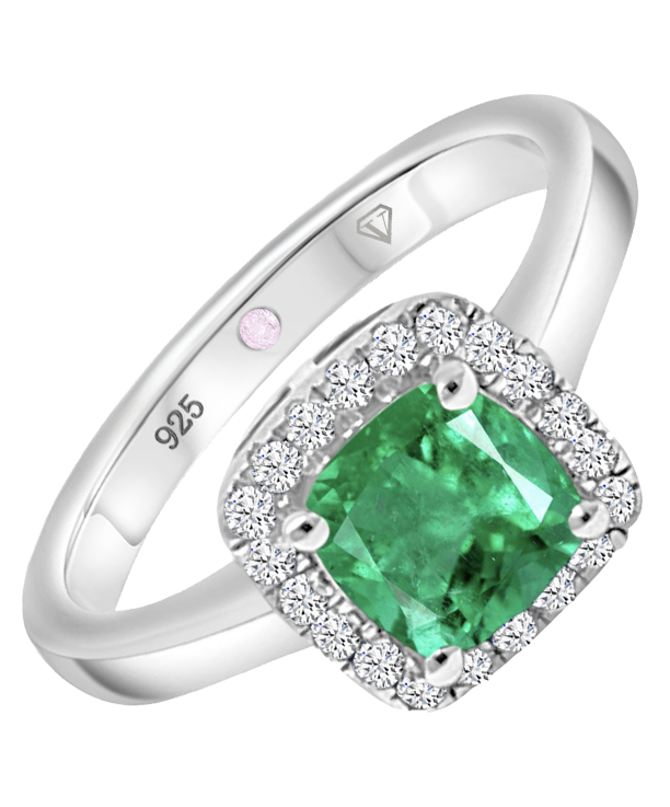 Angled view of Cavell Touch of Luxury sterling silver ring featuring a natural emerald gemstone surrounded by round-cut cubic zirconia accents and hidden rose quartz gemstone inside the band