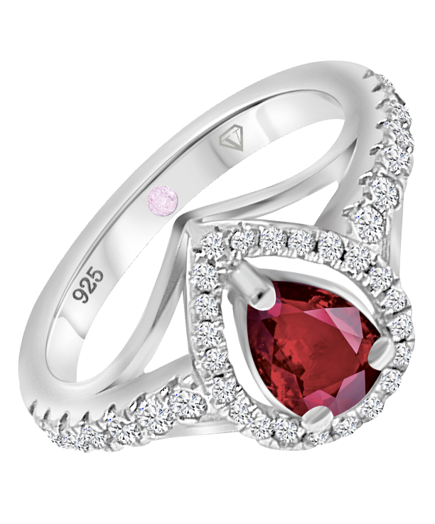 Side view of Cavell Tear Drop of Joy sterling silver ring featuring a pear-shaped natural ruby surrounded by round-cut cubic zirconia accents and hidden rose quartz gemstone inside the band