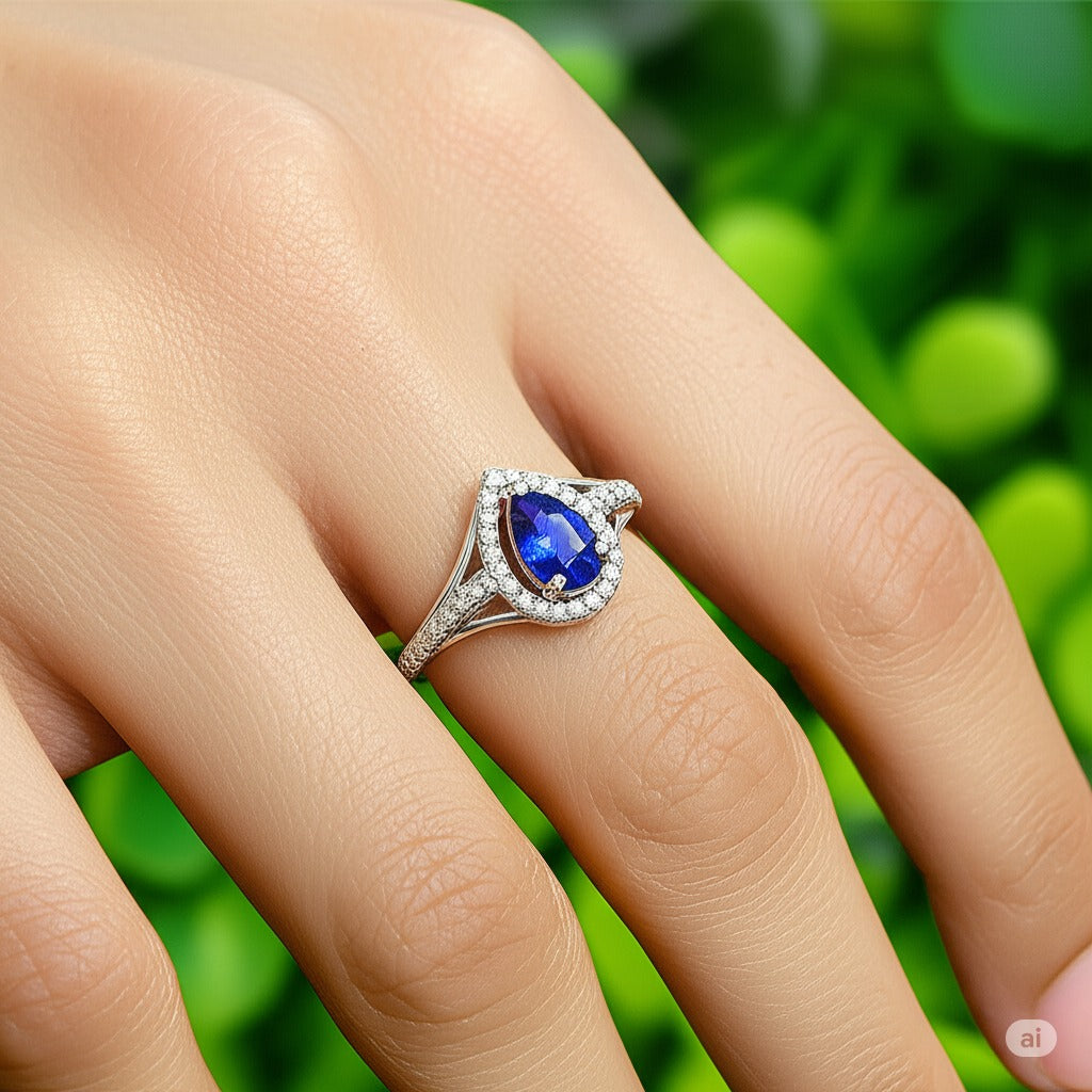 Model wearing Cavell Tear Drop of Joy natural sapphire ring in sterling silver surrounded by round-cut cubic zirconia accents