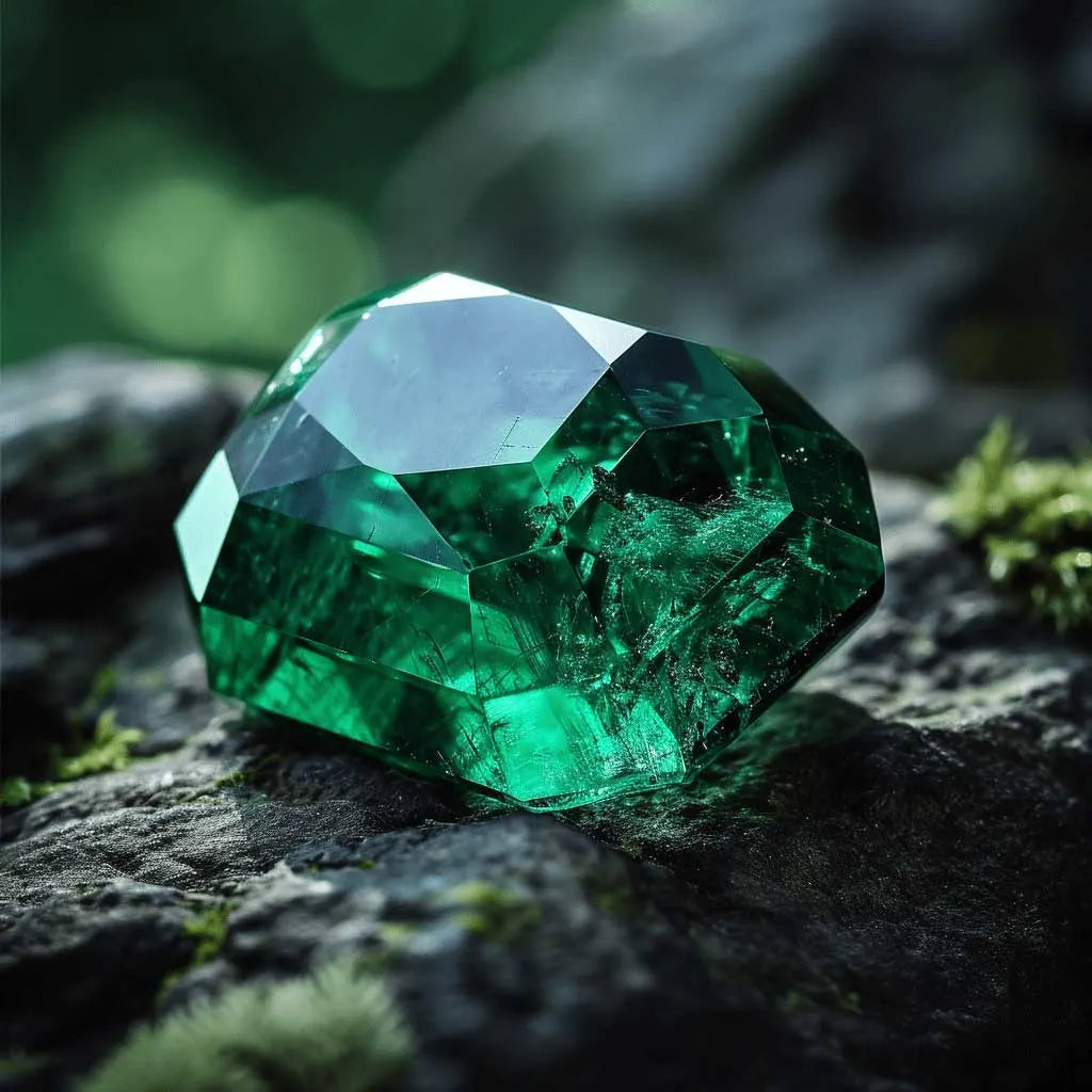 a vivid green emerald gemstone on a stone surface, symbolizing harmony, renewal, and hidden rose quartz meaning
