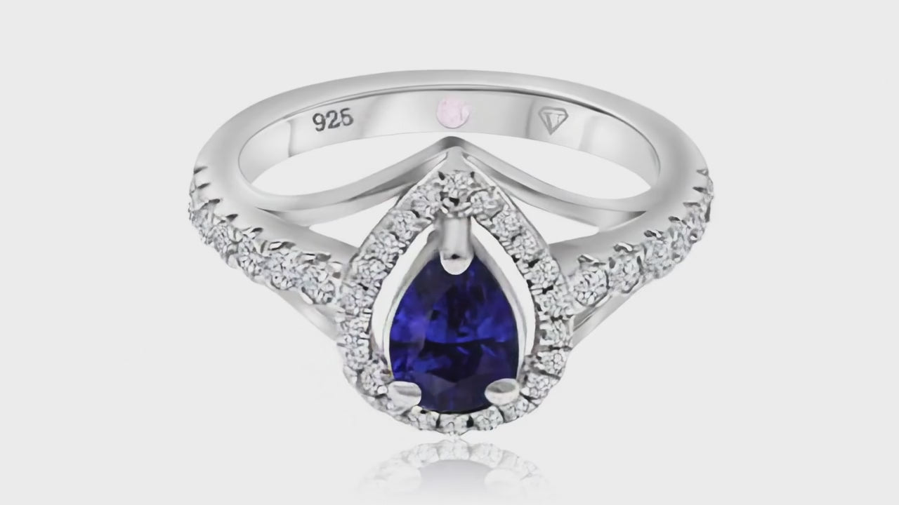 360° video of Cavell Tear Drop of Joy natural sapphire ring in sterling silver surrounded by round-cut cubic zirconia accents with hidden rose quartz gemstone inside