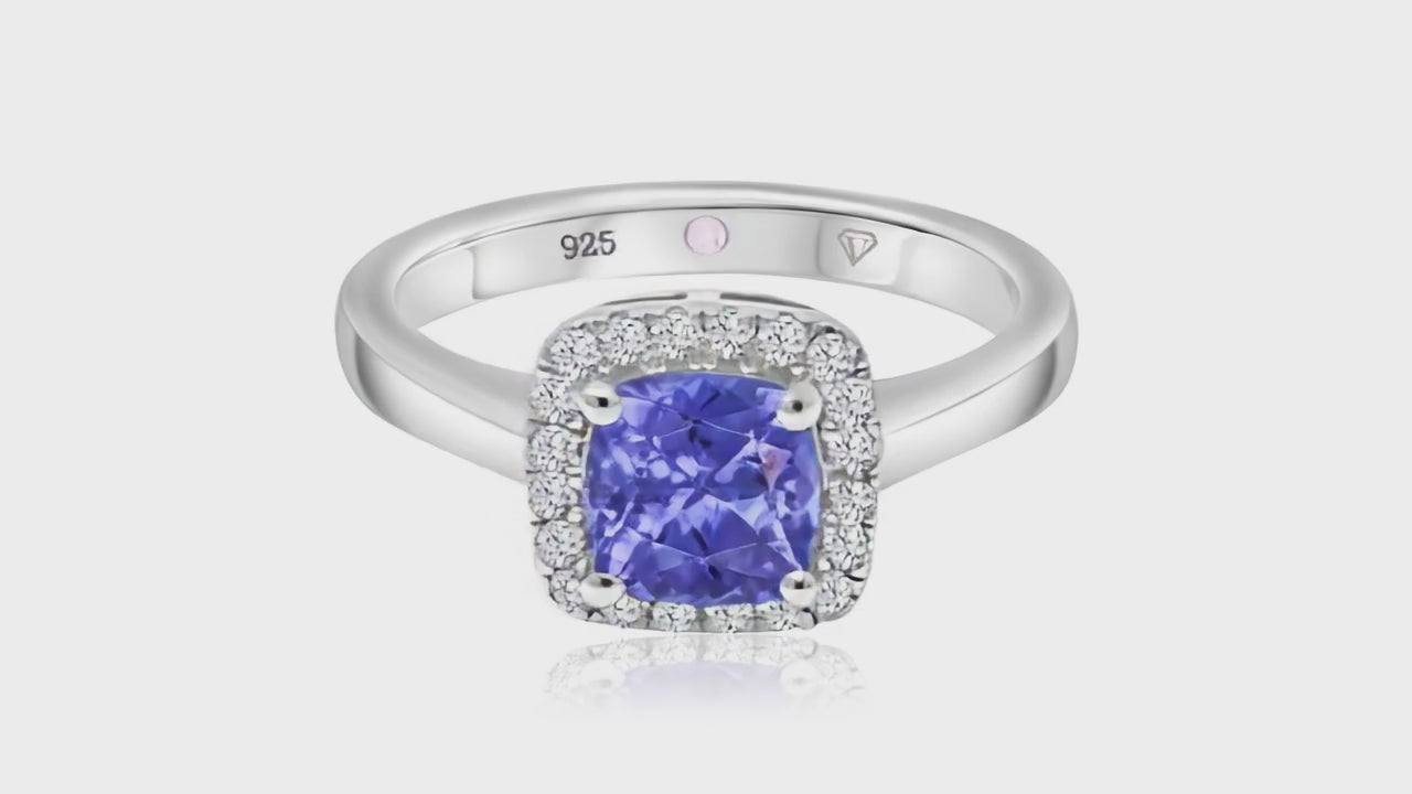 360° video of Cavell Touch of Luxury natural tanzanite ring in sterling silver surrounded by round-cut cubic zirconia accents with hidden rose quartz gemstone inside
