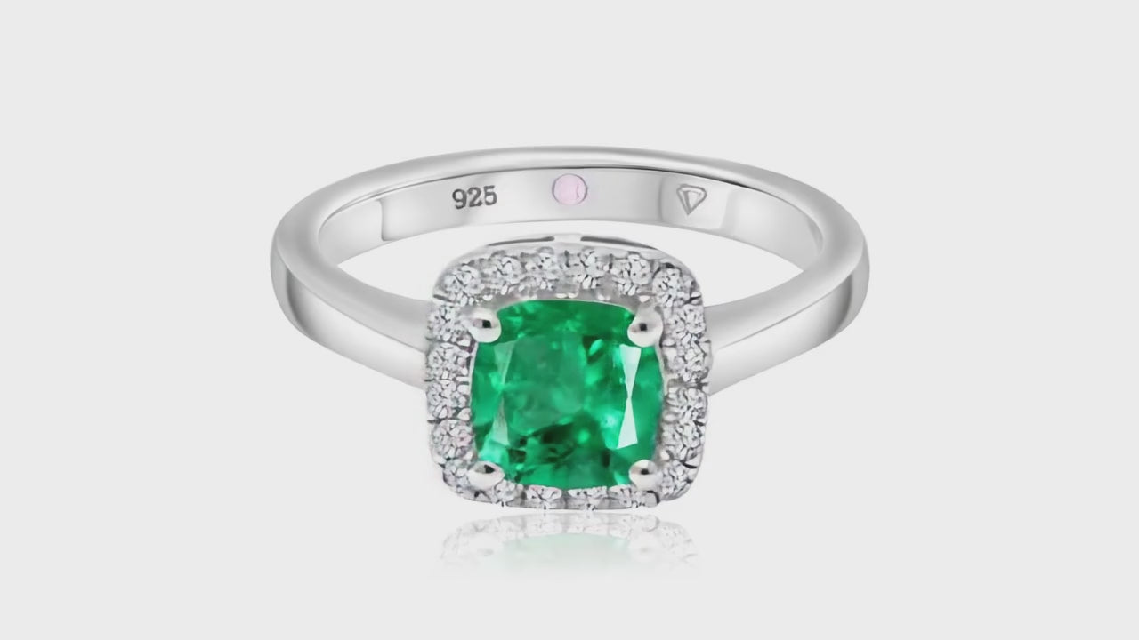 360° video of Cavell Touch of Luxury natural emerald ring in sterling silver surrounded by round-cut cubic zirconia accents with hidden rose quartz gemstone inside