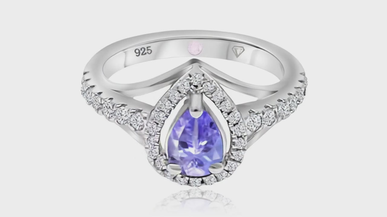 360° video of Cavell Tear Drop of Joy natural tanzanite ring in sterling silver surrounded by round-cut cubic zirconia accents with hidden rose quartz gemstone inside