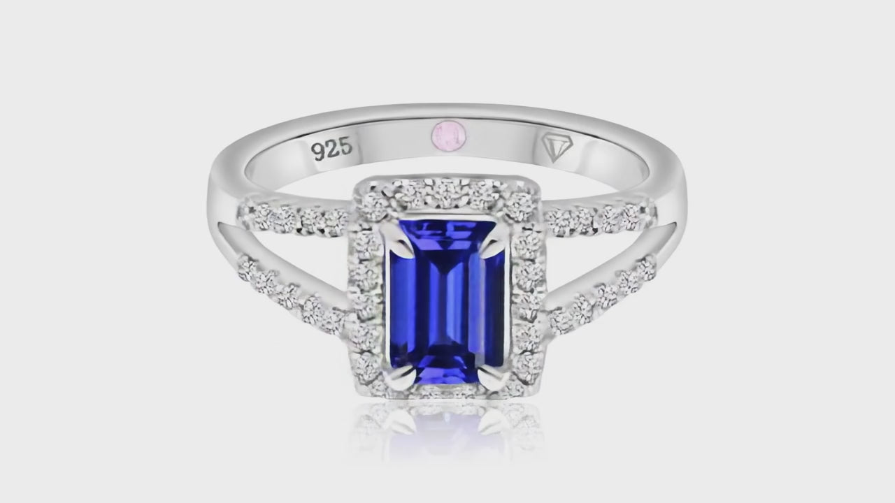 360° video of Cavell Classic Allure natural sapphire ring in sterling silver surrounded by round-cut cubic zirconia accents with hidden rose quartz gemstone inside