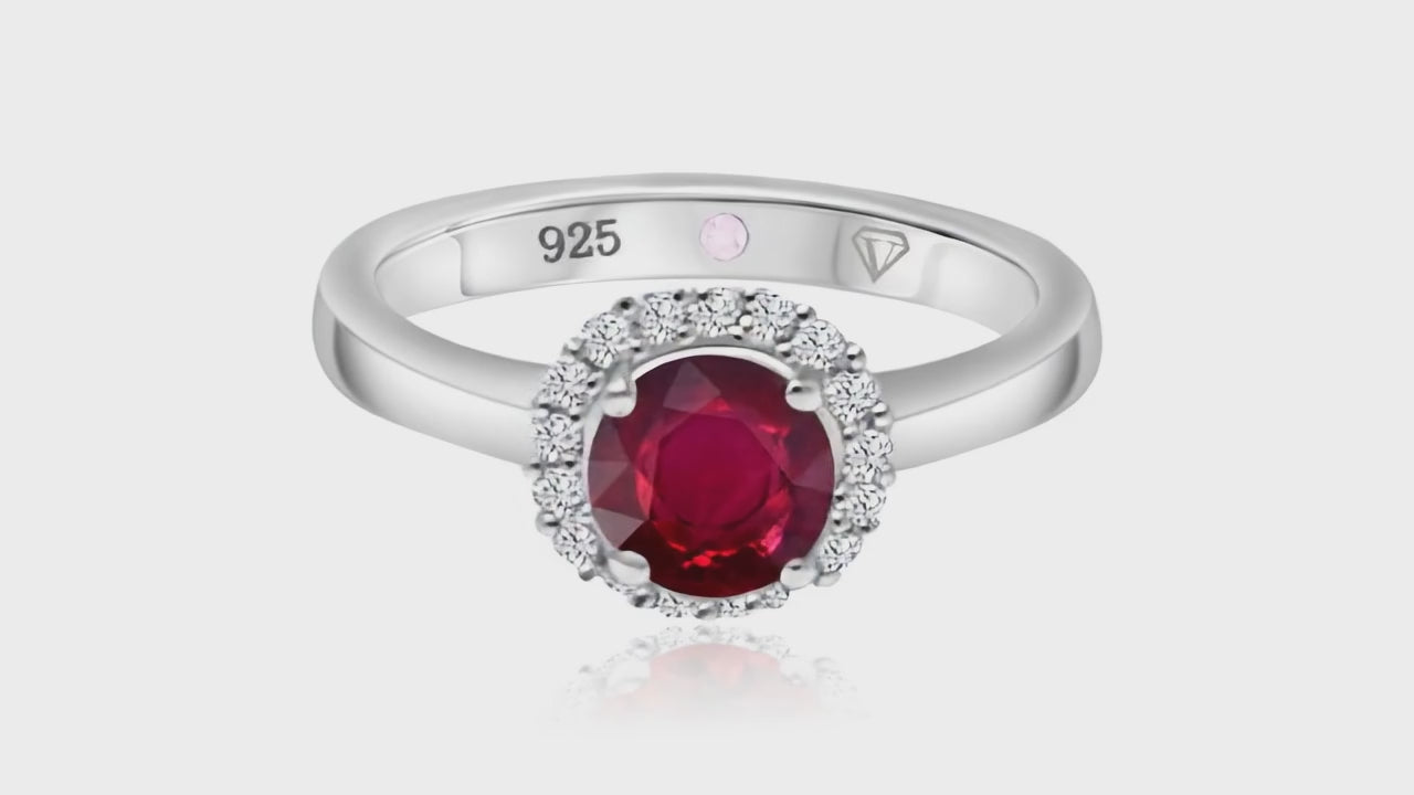 360° video of Cavell Eternal Love natural ruby ring in sterling silver surrounded by round-cut cubic zirconia accents with hidden rose quartz gemstone inside