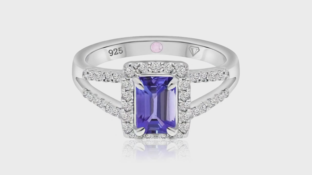 360° video of Cavell Classic Allure natural tanzanite ring in sterling silver surrounded by round-cut cubic zirconia accents with hidden rose quartz gemstone inside