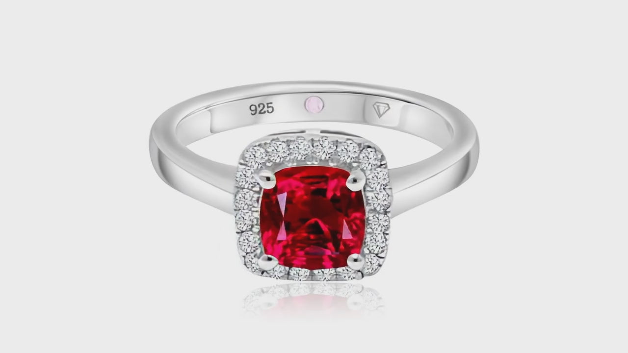 360° video of Cavell Touch of Luxury natural ruby ring in sterling silver surrounded by round-cut cubic zirconia accents with hidden rose quartz gemstone inside