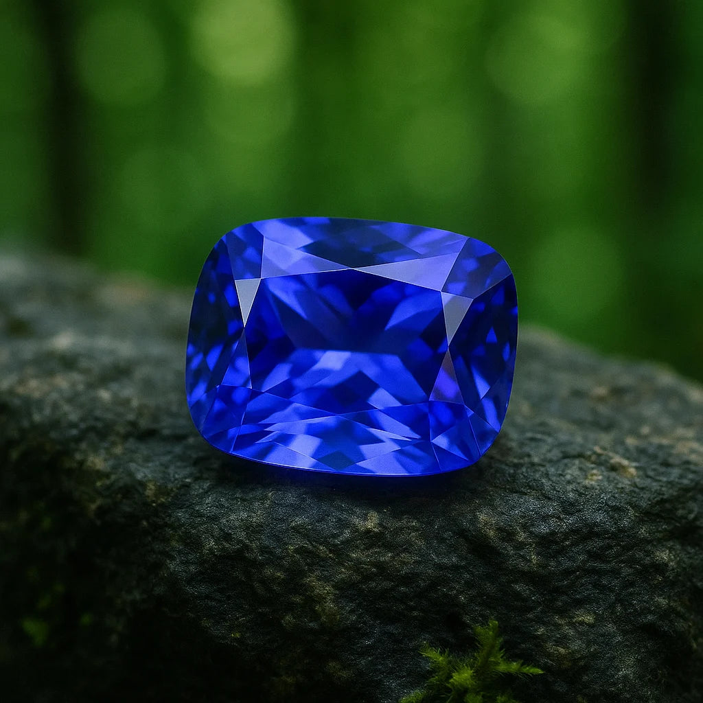 a vivid blue sapphire gemstone resting on a mossy rock, symbolizing wisdom, devotion, and inner rose quartz harmony
