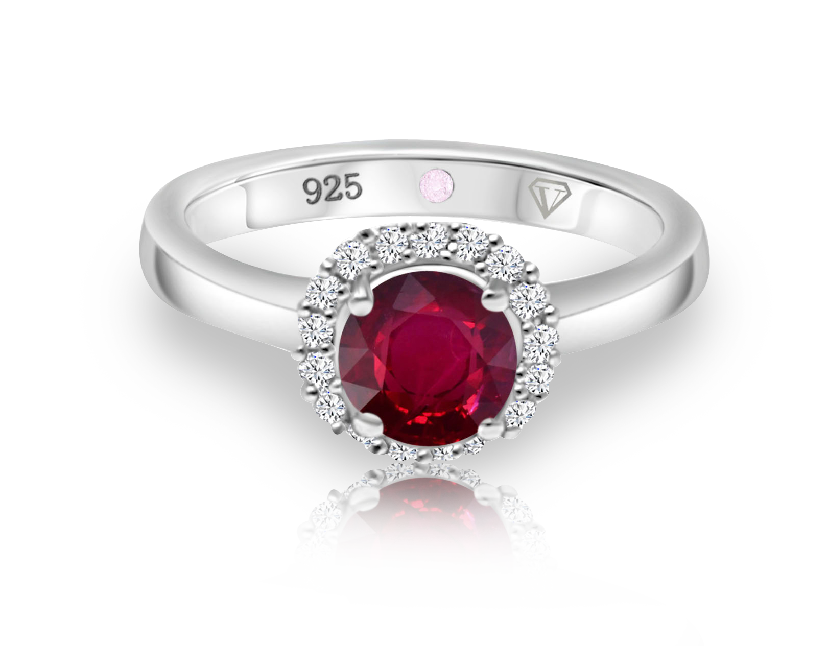 Cavell Eternal Love sterling silver ring featuring a natural ruby gemstone surrounded by round-cut cubic zirconia accents with hidden rose quartz gemstone inside the band