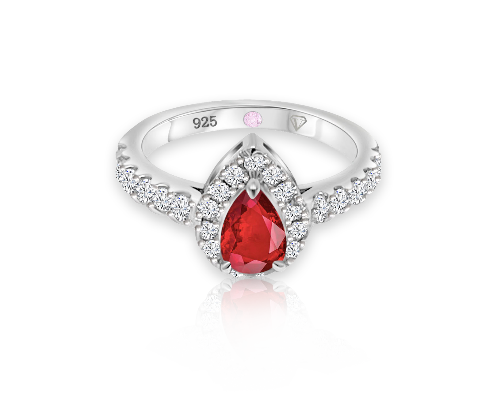 Cavell Drop of Passion sterling silver ring featuring a natural ruby gemstone surrounded by round-cut cubic zirconia accents with hidden rose quartz gemstone inside the band
