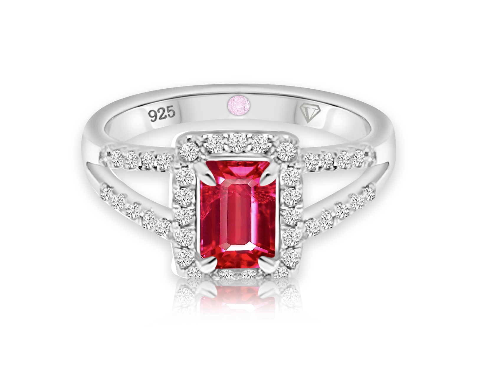 Cavell Classic Allure sterling silver ring featuring a natural ruby gemstone surrounded by round-cut cubic zirconia accents with hidden rose quartz gemstone inside the band