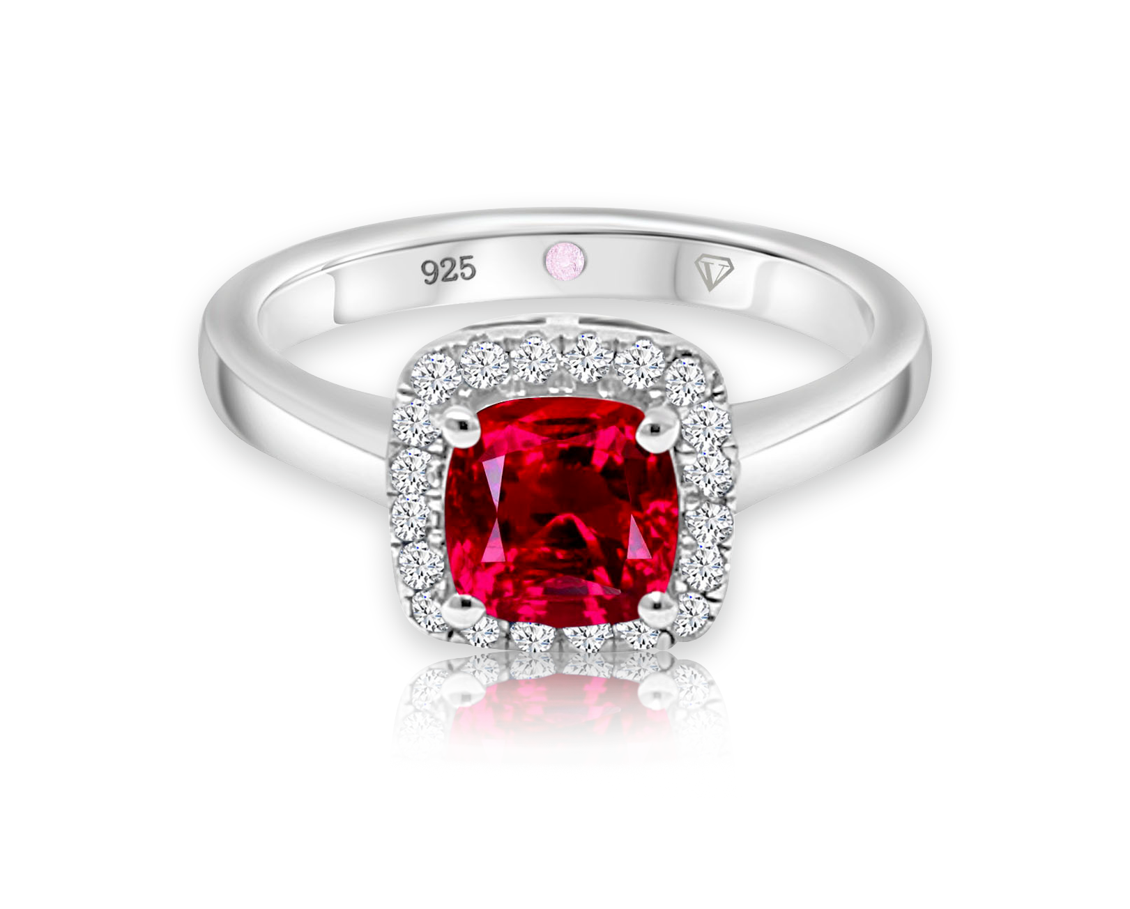 Cavell Touch of Luxury sterling silver ring featuring a natural ruby gemstone surrounded by round-cut cubic zirconia accents with hidden rose quartz gemstone inside the band