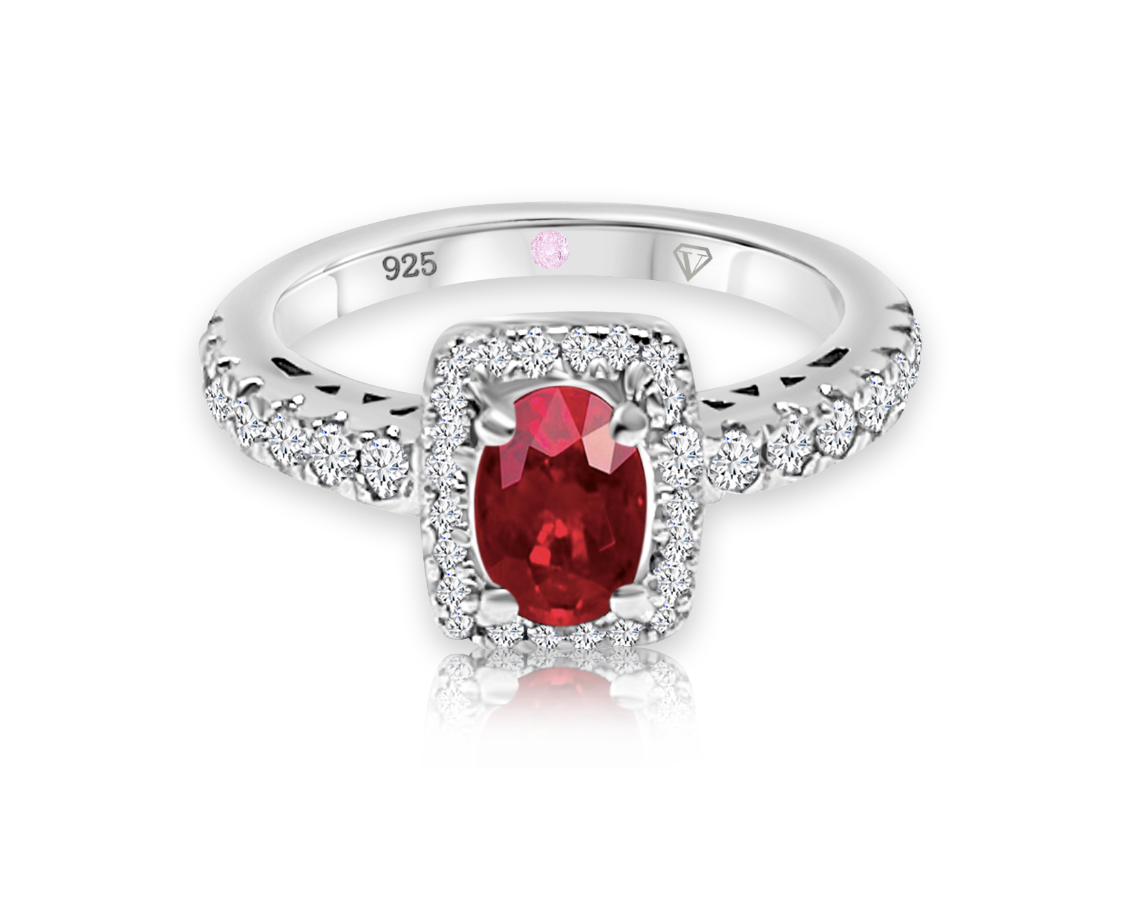 Cavell Feel Timeless sterling silver ring featuring a natural ruby gemstone surrounded by round-cut cubic zirconia accents with hidden rose quartz gemstone inside the band