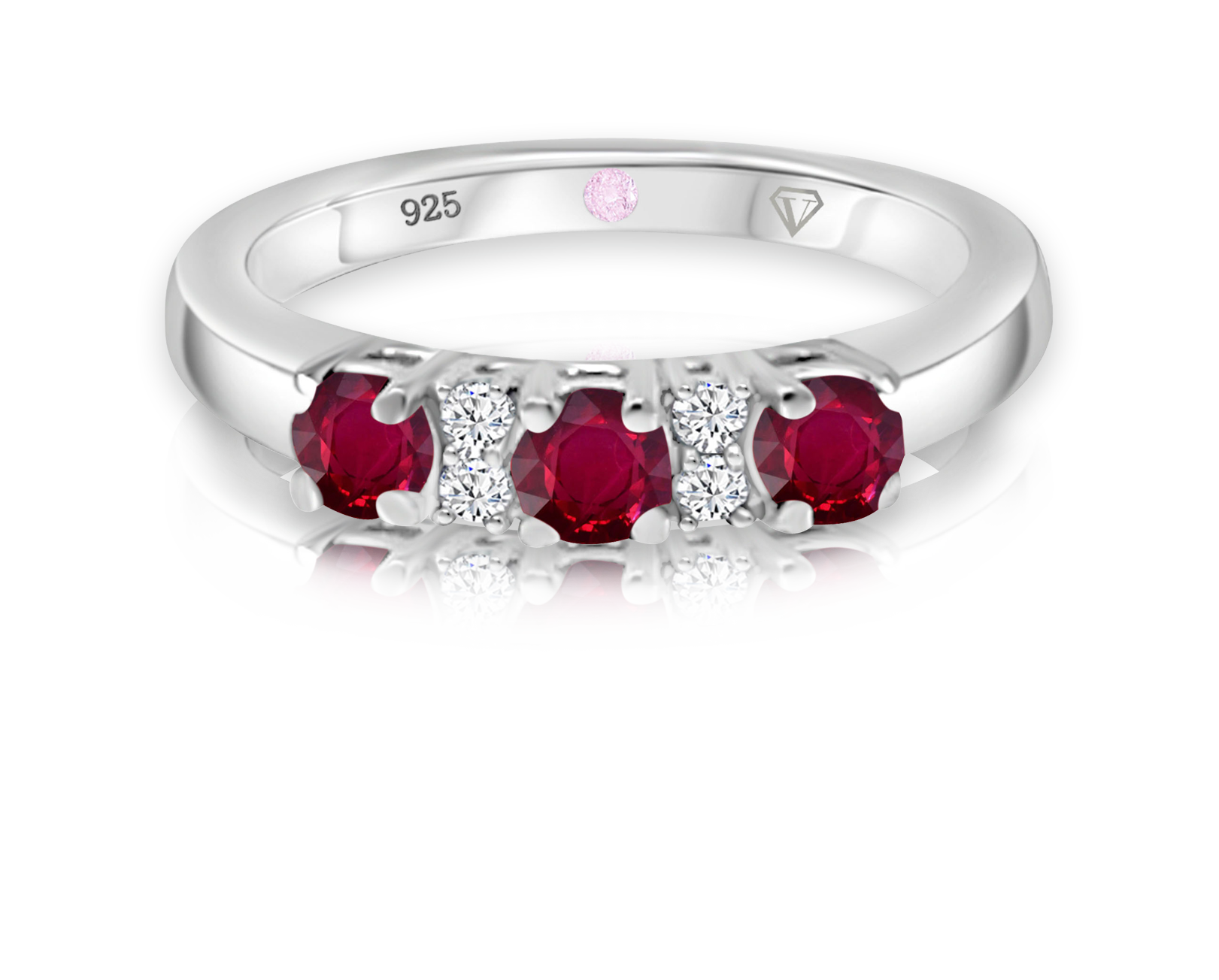 Cavell Trilogy of Loyalty sterling silver ring featuring a natural ruby gemstone surrounded by round-cut cubic zirconia accents with hidden rose quartz gemstone inside the band